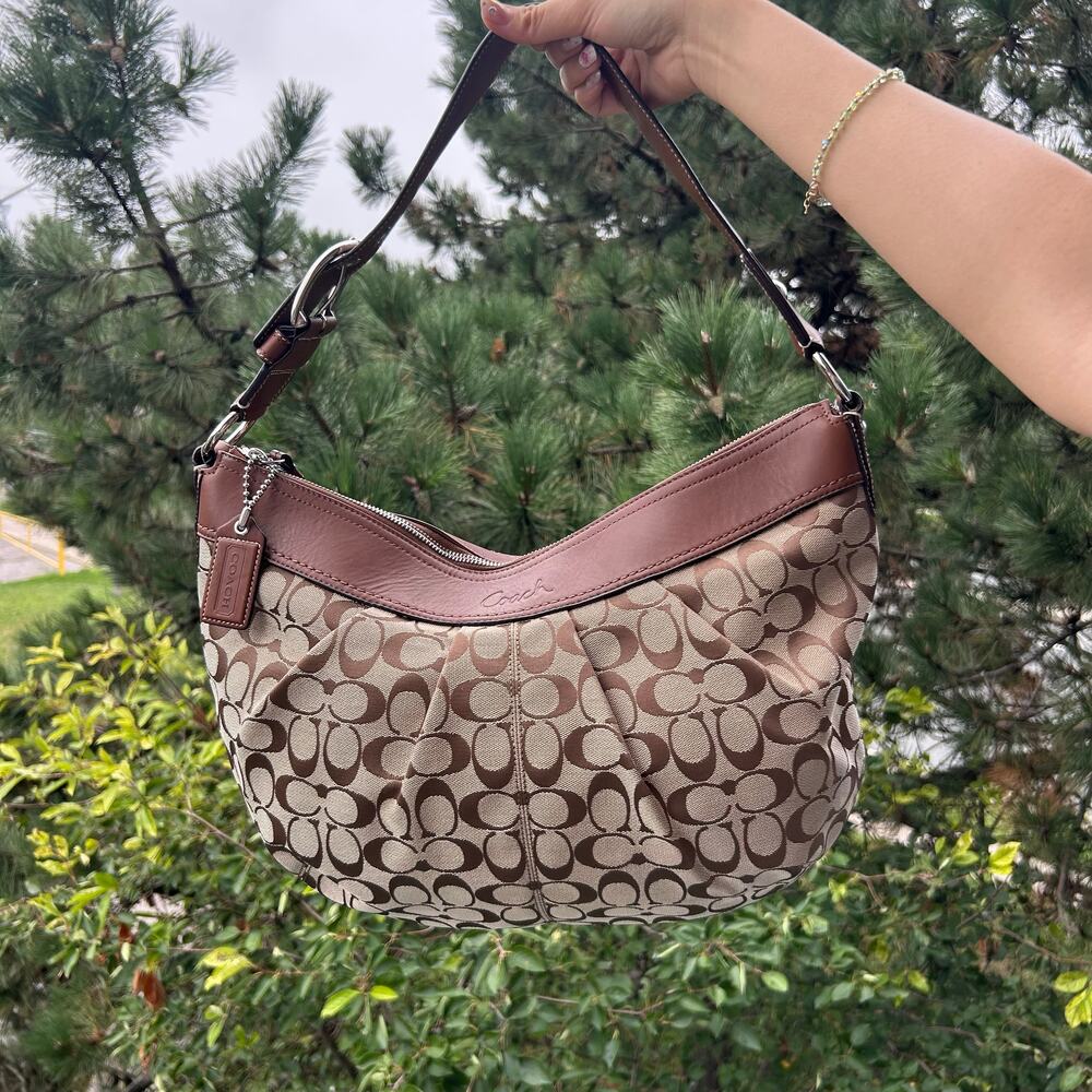Vintage coach signature hobo bag tan canvas & brown leather trim E0960-F13741